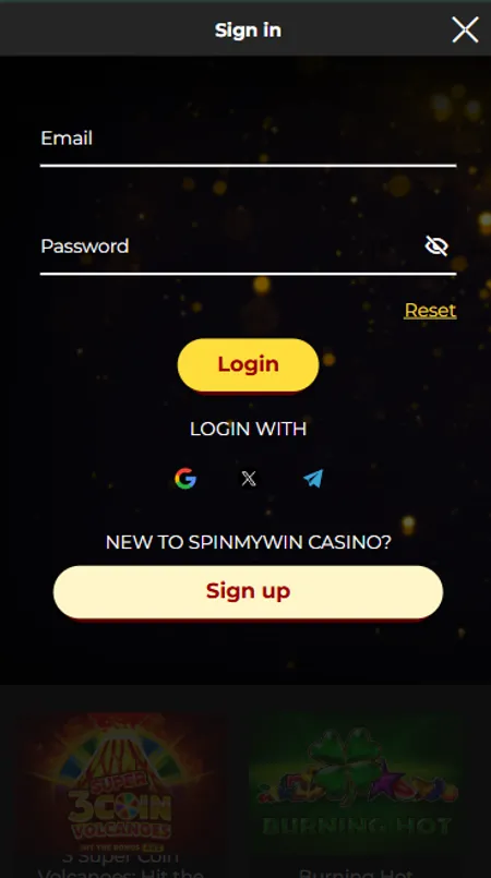 Spin My Win login screen with email, password and reset link