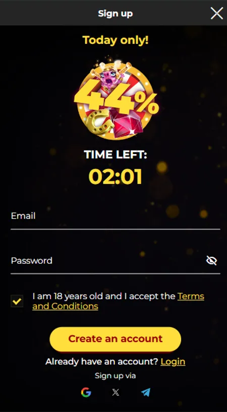 Spin My Win registration screen with email and password fields